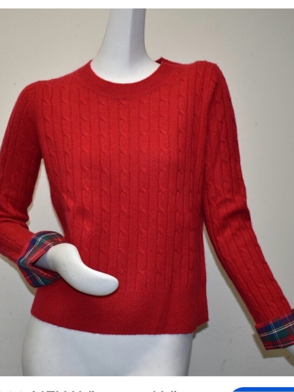 Vineyard Vines Cashmere Cable-Knit Crewneck Sweater Tartan-Cuff in Red Velvet 2X